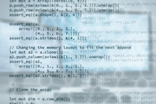 Code de programme d'un programmeur comme pour une application comme un symbole photo comme un graphique d'en-t&ecirc;te. En arri&egrave;re-plan, des moniteurs et un r&eacute;seau symbolis&eacute;.