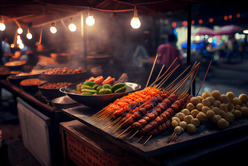 Generative AI Illustration of Asian street food night market counter. Asian nightlife background digital art. - obrazy, fototapety, plakaty