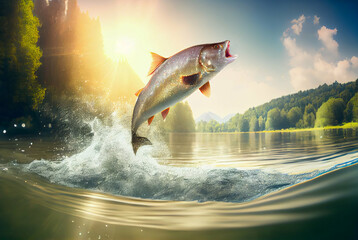 Generative AI Illustration of a fish jumping out of river. Fishing concept background digital art..
