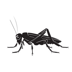 Grasshopper black and white vector icon. Minimal simple bug illustration. Black silhouette  of summer insect. Macro view. Drawing logo for pest control.  Simple symbol of fly with antenna.