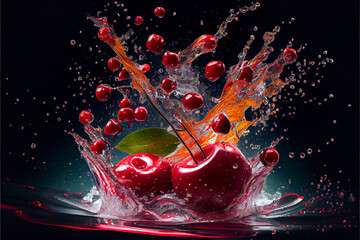 Cherry fruits splashing into water - generative ai