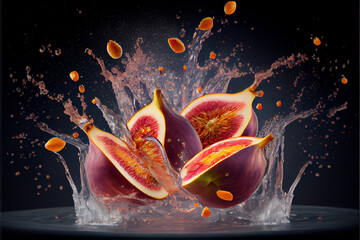 Figs fruit slices splashing into water - generative ai