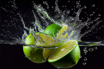 Fototapeta na wymiar Lime slices splashing into water - generative ai