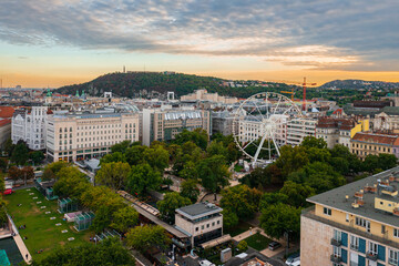 Aerial skyline view about Elizabeth Square with Ferris wheel called Budapest Eye. This is the largest green area in downtown Pest.