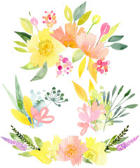 Watercolor clipart set with colourful flowers for summer wedding invitations or for other. Hand-painted watercolor illustrations. Using for greeting cards, stationery, flyers, logos, business cards.