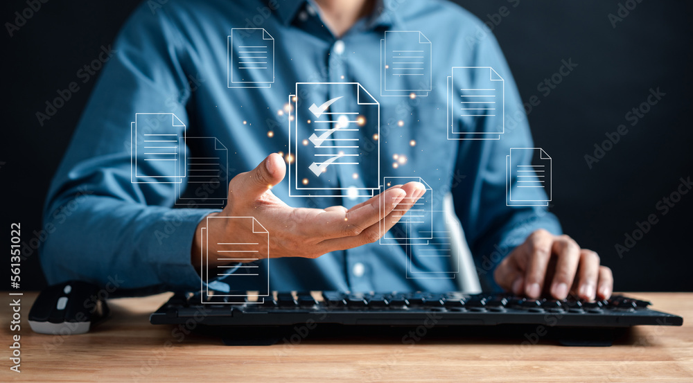 Poster Document Management System, online documentation database and process automation to efficiently manage files, knowledge and documentation in enterprise with ERP. Corporate business technology, DMS