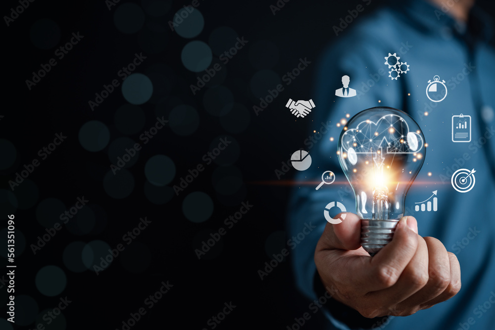 Aufkleber businessman holding lightbulb cloud computing development leadership and customer target group with 