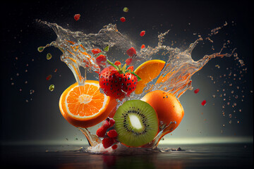 Oranges, kiwi, strawberries slices splashing into water - generative ai