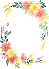 Hand painted watercolor frame with colorful spring or summer flowers and branches. Use for greeting cards, birthday or wedding invitations, stationery, flyers, logos, bags, textiles and more.