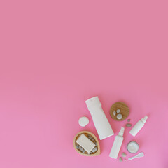 Women's personal care products on a pink background. 