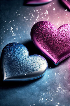 Shimmering Love: A Romantic Wallpaper of Pink Hearts on Silver and Blue - Generating AI