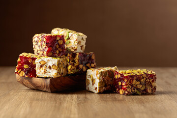 Traditional Turkish delight  on a wooden table.