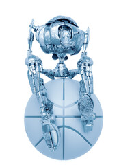 out of date robot is sitting on the basketball ball in white background - obrazy, fototapety, plakaty