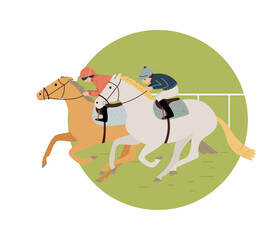 Two jockeys and horses compete on the finish line, flat vector illustration