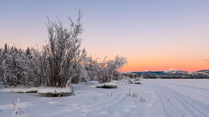 Stunning winter landscape views along the Yukon River with cross country ski trails on the frozen Yukon river. 