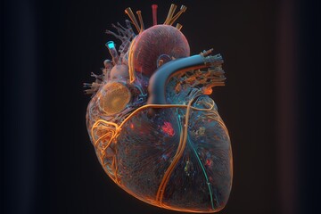 Abstract heart, symbiotic of medicine and fantasy, metal, colorful, fragments, focus, gold created with generative ai technology