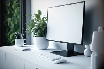 Mockup blank white computer screen, desktop, workstation. Generative AI