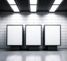 Three mockup blank white signs in underground subway. Generative AI