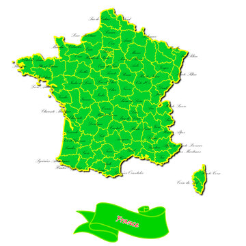 Vector map of France with subregions in green country name in red