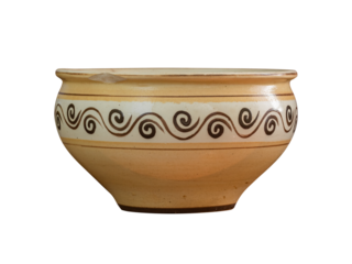 Ethno painted traditional clay bowl beige color with a dark snail-like pattern is isolated on transparent.