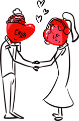 Vector drawing of a young couple, a guy and girl. Instead of heads, they have red hearts. They hold hands. On a white background, isolated. A contour.  For Valentine day, for valentines card.