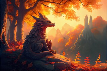 A huge incredibly long forest dragon in oriental style looks curiously at the spirit of a little fox cub sitting on a stone in the autumn orange forest in the rays of the bright sunset sun.