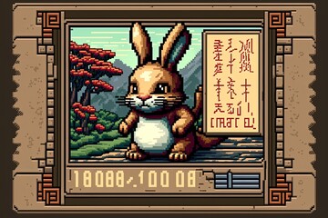 Pixel art chinese new year card with rabbit, background in retro and 8bit style, Generative AI