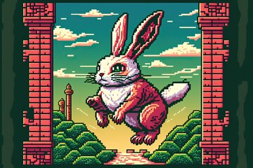 Pixel art chinese new year card with rabbit, background in retro and 8bit style, Generative AI
