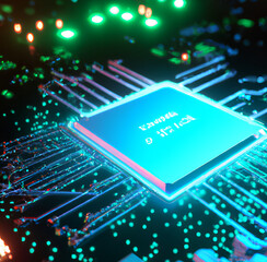 Vision of Microchip Blue and green colors founded in the another world 3D render - obrazy, fototapety, plakaty
