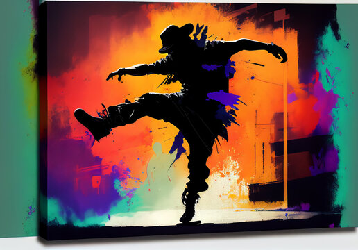 Street dancer silhouette in Los Angeles. Vibrant colors. Vectorial and photographic mixed composition.