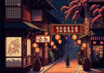 Obraz premium Pixel art chinese street with temples, lamps and trees, chinese new year decoration, background in retro style for 8 bit game, Generative AI