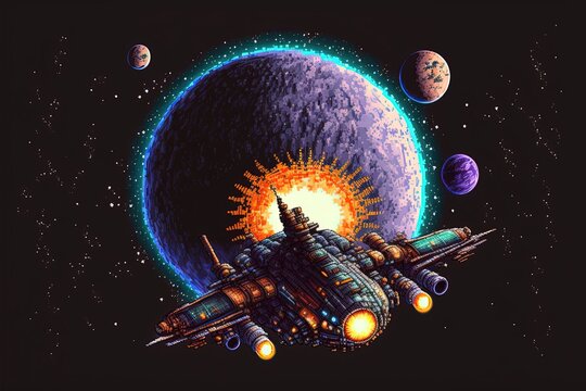 Pixel art of spaceship flying over planets, background in retro style for 8 bit game, Generative AI
