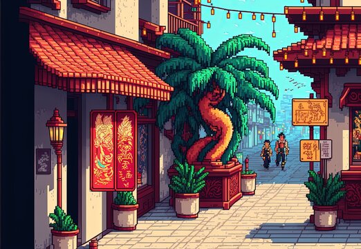 Pixel art chinese street with temples, lamps and trees, chinese new year decoration, background in retro style for 8 bit game, Generative AI
