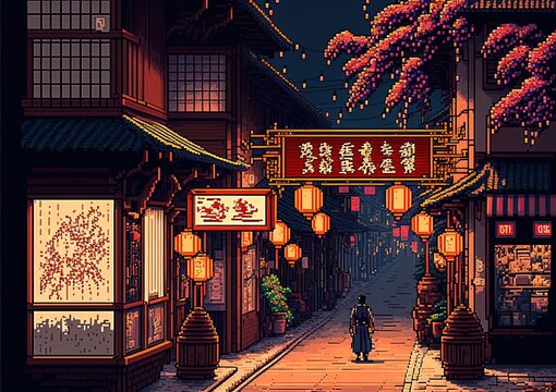 Pixel art chinese street with temples, lamps and trees, chinese new year decoration, background in retro style for 8 bit game, Generative AI