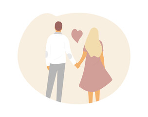 Young man and woman characters standing back view, happy romantic couple in love cartoon vector Illustration