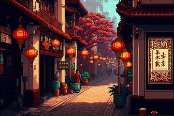Pixel art chinese street with temples, lamps and trees, chinese new year decoration, background in retro style for 8 bit game, Generative AI