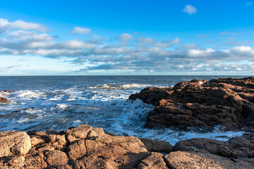 Fototapeta na wymiar Coast of the North Sea in Scotland against a dramatic sky, seascape