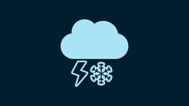 White Cloud with snow and lightning icon isolated on blue background. Cloud with snowflakes. Single weather icon. Snowing sign. 4K Video motion graphic animation