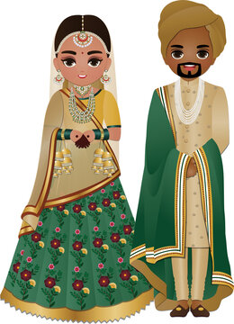 Cute hindu couple in traditional indian dress cartoon character.Romantic wedding invitation card