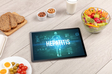 Tablet Pc with fruits, medical concept