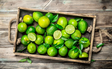 Fresh green limes with leaves on a tray.