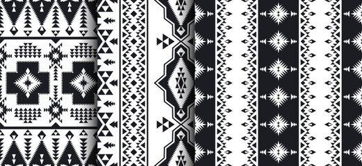 Ethnic seamless patterns. Native Southwest American, Indian, Aztec, Navajo print. Black and white geometric design.