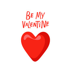 Be mine Valentine lettering with red heart. St. Valentine's Day card. Hand drawn lettering. Vector phrase and Flat heart isolated on white. Valentine's Day concept for for posters, banner, print.