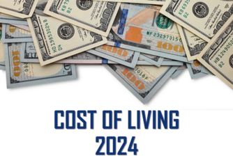 The inscription "cost of living 2024" on the background of banknotes denomination of 100 US dollars which are on top, like a cloud. Transparent background. Cash American dollars. Dollars closeup conce