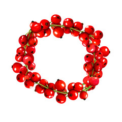 Watercolor frame of red ripe currant berries isolated on white background. Hand drawn botanical illustration. Clip art berry branches frame. Viva Magenta color.