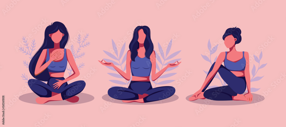 Wall mural Vector illustration blue pink palette yoga girls set is engaged in yoga and meditation in no face illustration