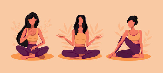 Vector illustration orange tanned purple palette yoga girls set is engaged in yoga and meditation in no face