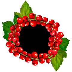 Watercolor frame of red ripe currant berries isolated on black background. Hand drawn botanical illustration. Clip art berry branches frame. Viva Magenta color.