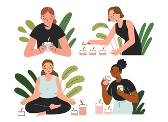 Women with scented candles, females characters smelling, lighting perfumed candles, meditating and doing yoga, home aromatherapy, stress relief and self care concept, flat vector illustrations