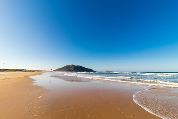 céu azul e onda suave quebrando na areia da praia brasil santa Catarina florianopolis praia do santinho
